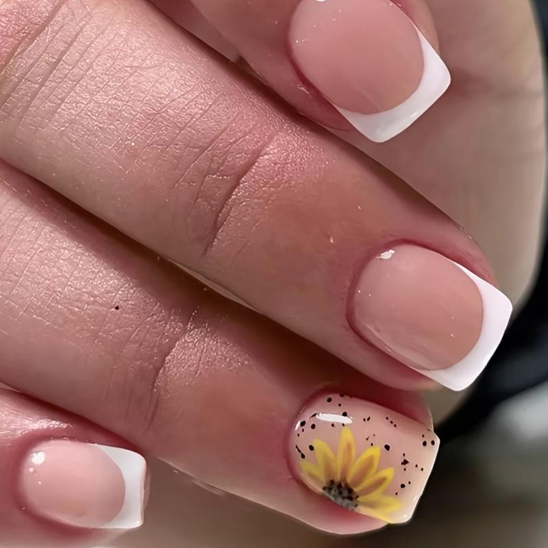 

Short and Easy White Pure Desire French Sunflower Fragment Nail Art, Cute Wearable Sunflower Nail Pieces