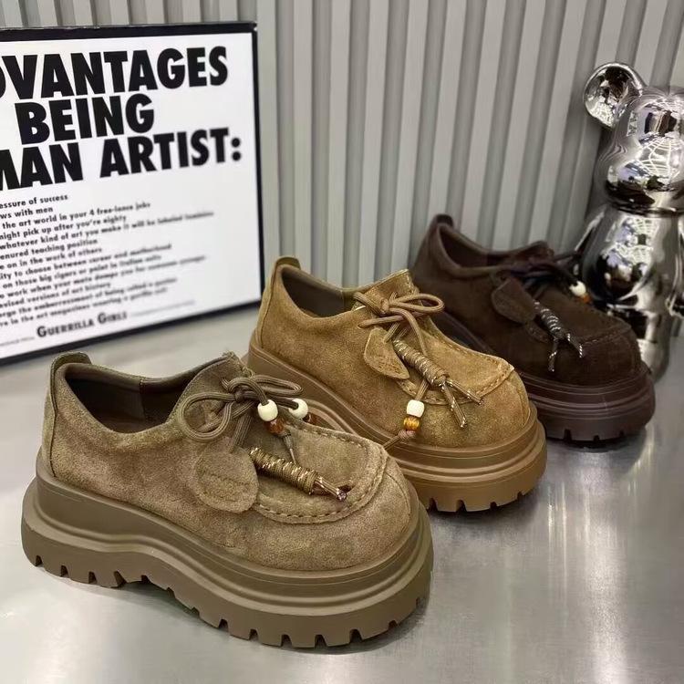 Plateau-Loafer im britischen Stil Damenschuhe 2025 neu vielseitig zum Schnüren kleine Lederschuhe erhöhend lässig große Zehenpartie Freizeitschuhe
