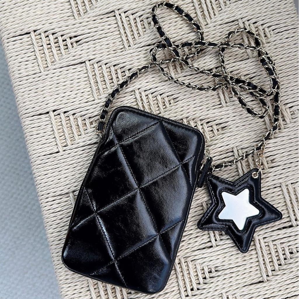 25N Stern Diamant Gitter Kette Handy umwickelt Öl Wachs Oberste Schicht Rindsleder Reißverschluss Einzelne Schulter Crossbody Vertikale Tasche