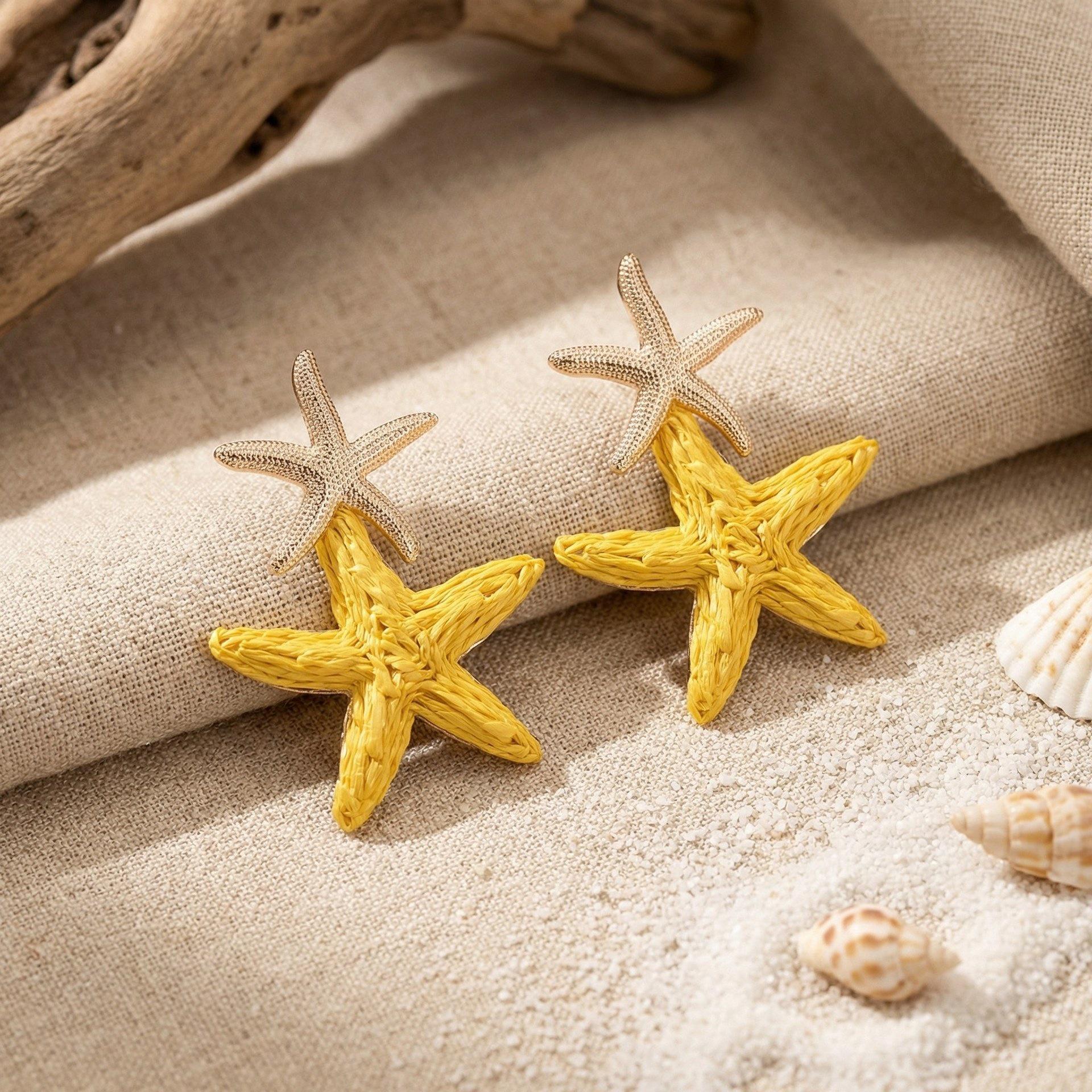 Exquisite Ocean Starfish Earrings: Two-Tone Raffia Beach Style Studs