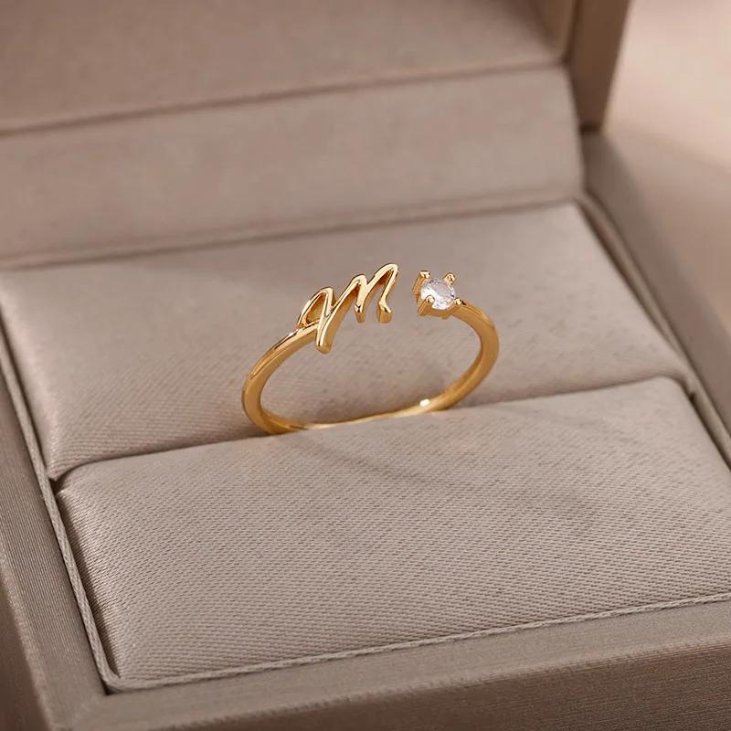 Tiny Initial Letter Rings For Women Stainless Steel A-Z Letters Adjustable Ring Female Christmas Aesthetic Jewelry