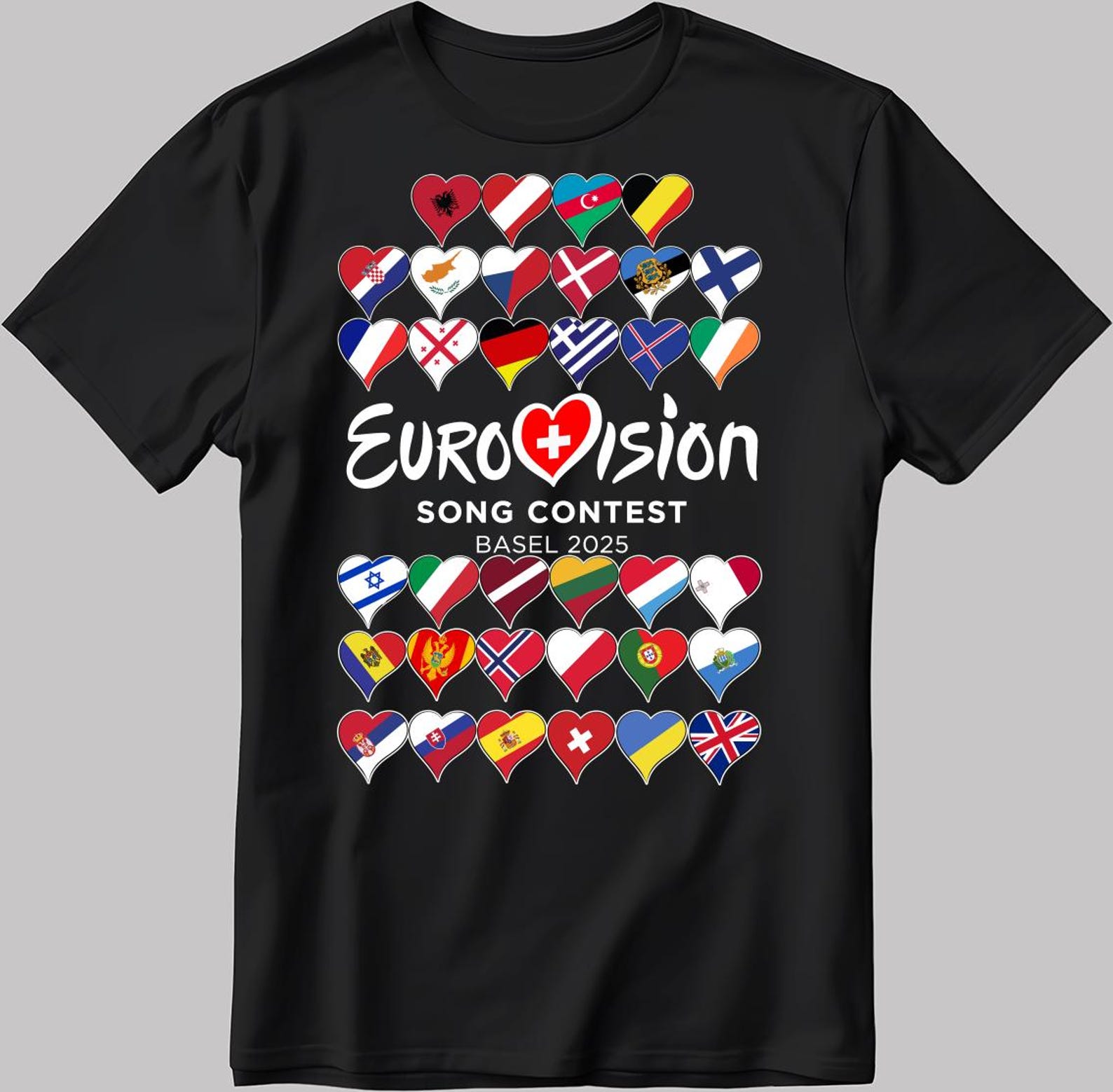 All Flag Eurovision Song Contest BASEL 2025 White-Black Men / Women T-Shirt EU25 S