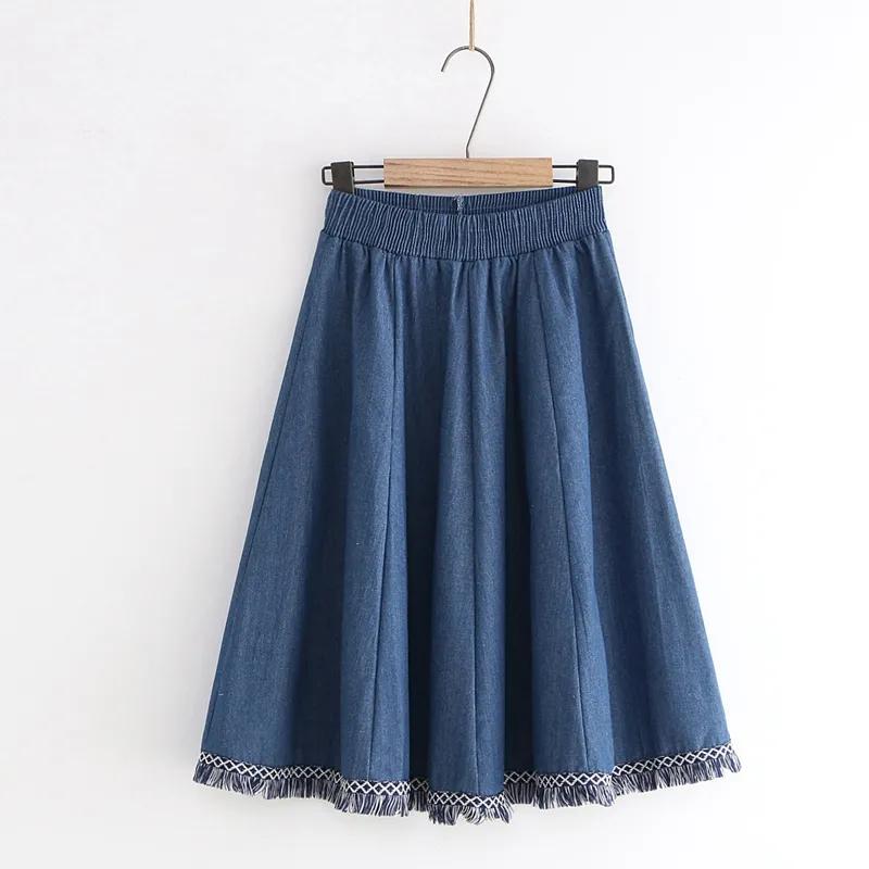 

Летняя корейская мода сексуальная кисточка строчка А-образный разрез, чтобы показать тонкую высокую талию джинсовая юбка средней длины One Size синий