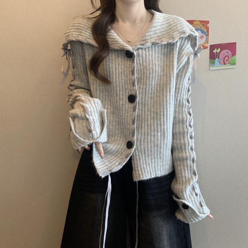 Women s Plus Size Navy Knit Cardigan with Collar - Fashionable Age-Reducing Spring 2026 Short Jacket Large