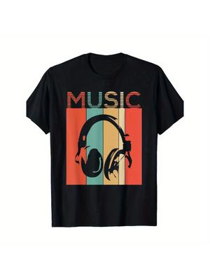 Vintage Headphones Graphic T-Shirt- 100% Cotton Casual Short Sleeve Tee with Bold MUSIC Design