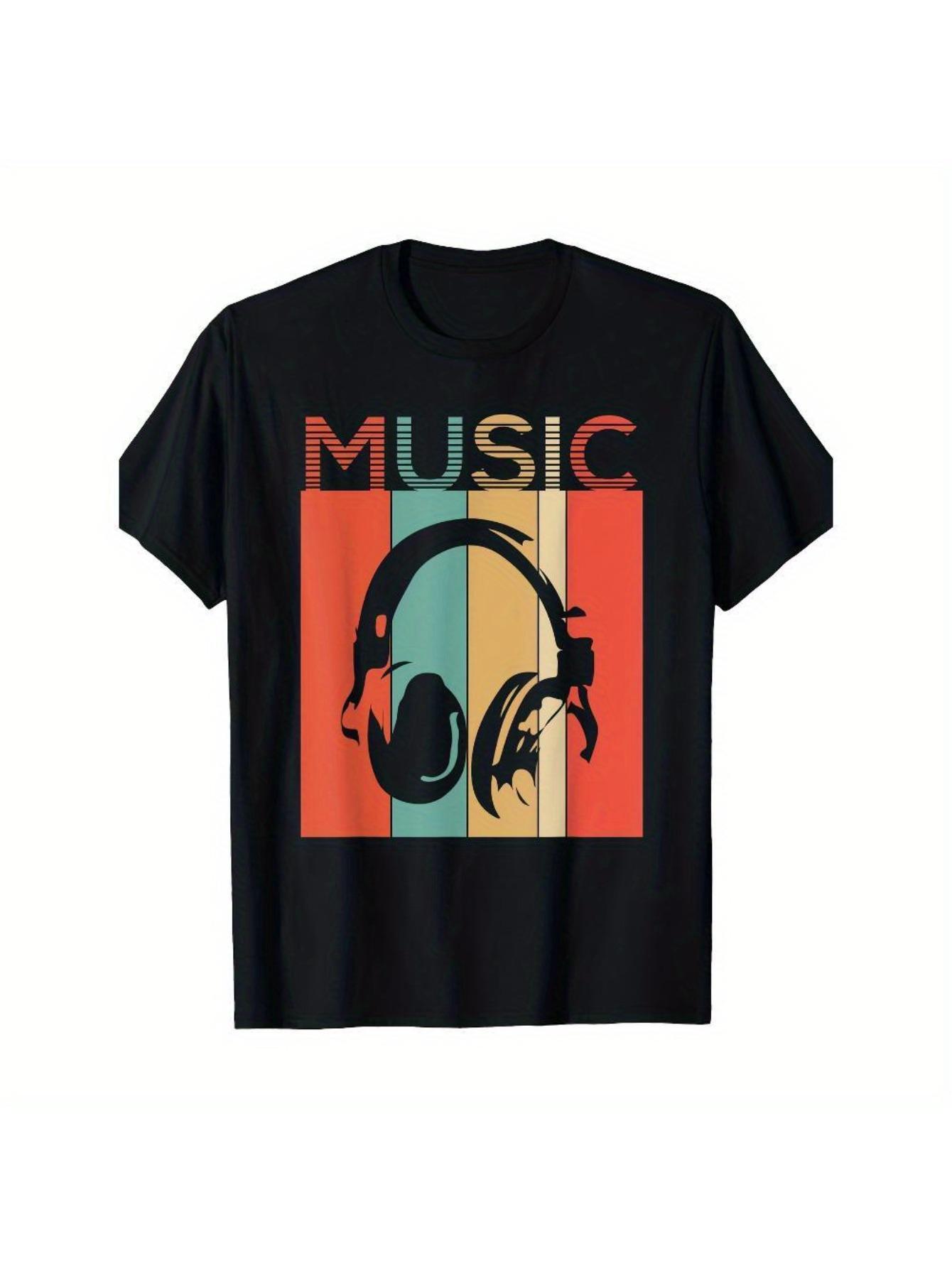 

Vintage Headphones Graphic T-Shirt- 100% Cotton Casual Short Sleeve Tee with Bold MUSIC Design S