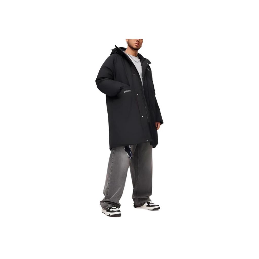 Li-Ning Anti-Five Series Letter Loose Hooded Solid Color Cold-Resistant Warm Outdoor Long Zipper Down Jacket Men Outerwear Black AYMU073-1