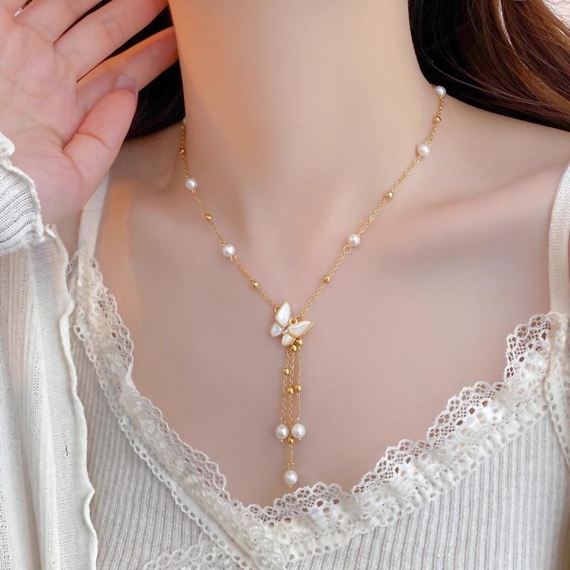 Elegant Butterfly Pendant Necklace With Freshwater Pearl Shell Tassel Lightweight Layered Locket Chain Women 2025