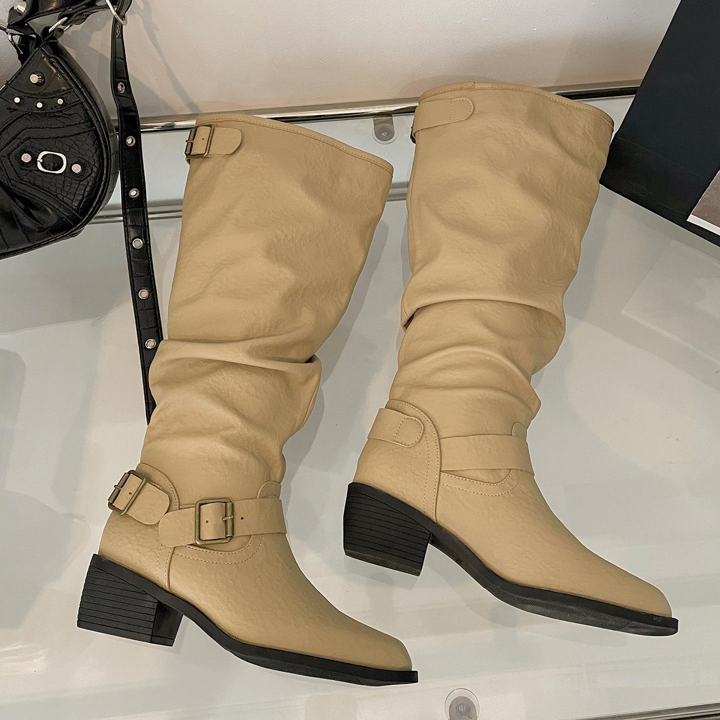 

White retro high-end thick-heeled boots children s boots 2025 new autumn with skirt thin knight boots 40 абрикосовый