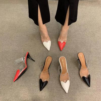 Frühlingsmode Einfache Lackleder Pfirsich Herz Spitzkopf Halbschuhe Weibliche Feine Ferse High Heel Baotou Sandale Drag Bequeme Elegante Schuhe