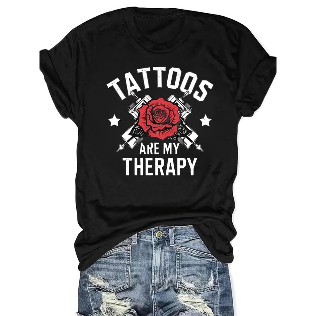 Women's "The Tattoo Is Mine" Short Sleeve T-Shirt - Edgy Tattoo Design with Red Roses & Stars - Fitted Round Neck Casual Top