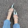 Fashion 2025 Sexy Pointed Toe Mules Woman Silver Slippers Flipfops Shoes Ladies Party Slides Crystal Belt Flats Sandals Femmes Pantuflas