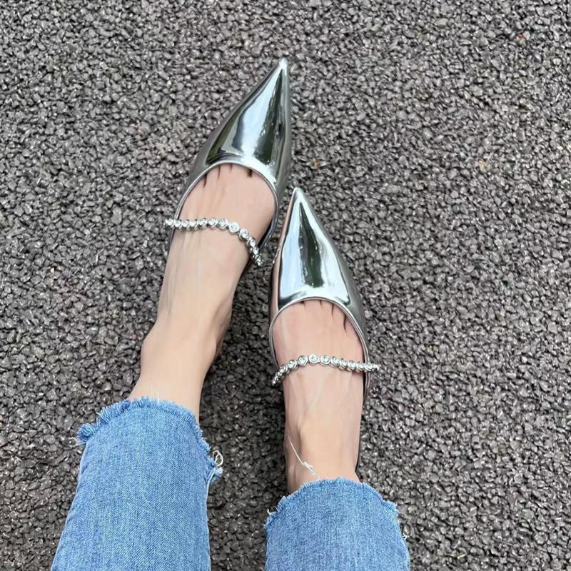 Fashion 2025 Sexy Pointed Toe Mules Woman Silver Slippers Flipfops Shoes Ladies Party Slides Crystal Belt Flats Sandals Femmes Pantuflas