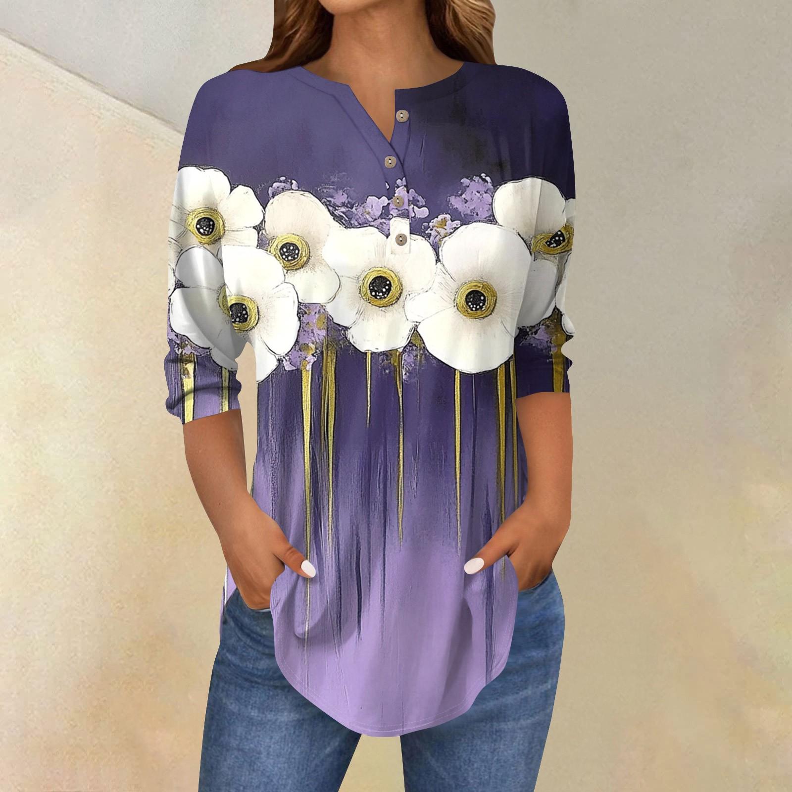 

Женская свободная футболка с воротником на пуговицах и винтажным цветочным принтом, рукав три четверти L циан