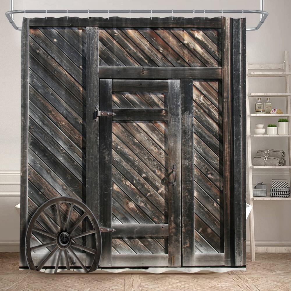 Vintage Bauernscheune Holztür Duschvorhänge Retro Texasstern Braun Weiß Holzbrett Badevorhang Set Polyester Badezimmer Dekor