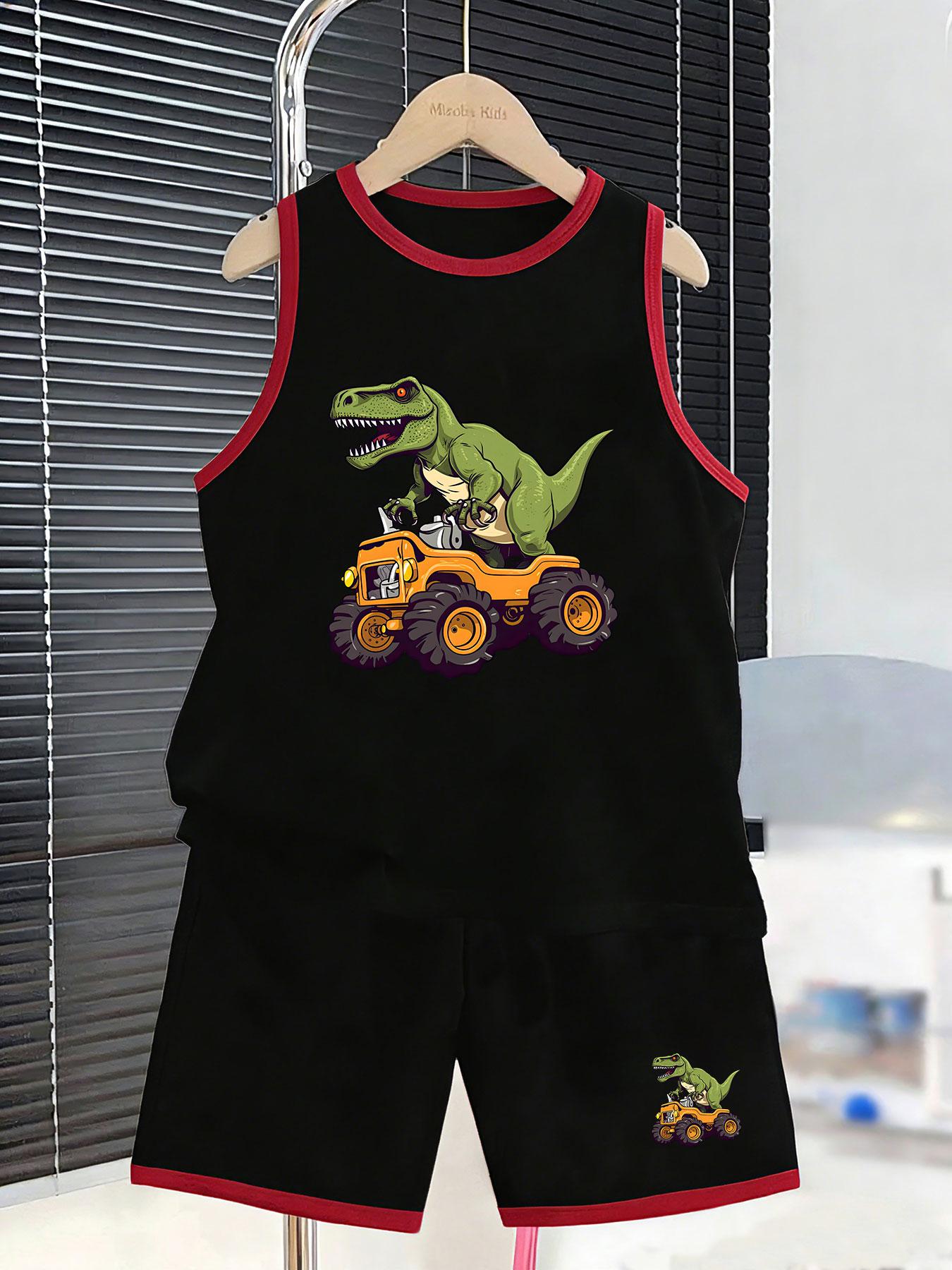 Boys fun dinosaur truck printed vest shorts. Funny prehistoric vehicle design, soft fabric for dinosaur lovers and daily wear. 2-3Y чёрный