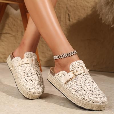 Chaussures d'été à enfiler pour femme - Découpes géométriques et motif brodé, Semelle épaisse en caoutchouc amortissante, Dessus en tissu respirant, Bout rond pour le confort