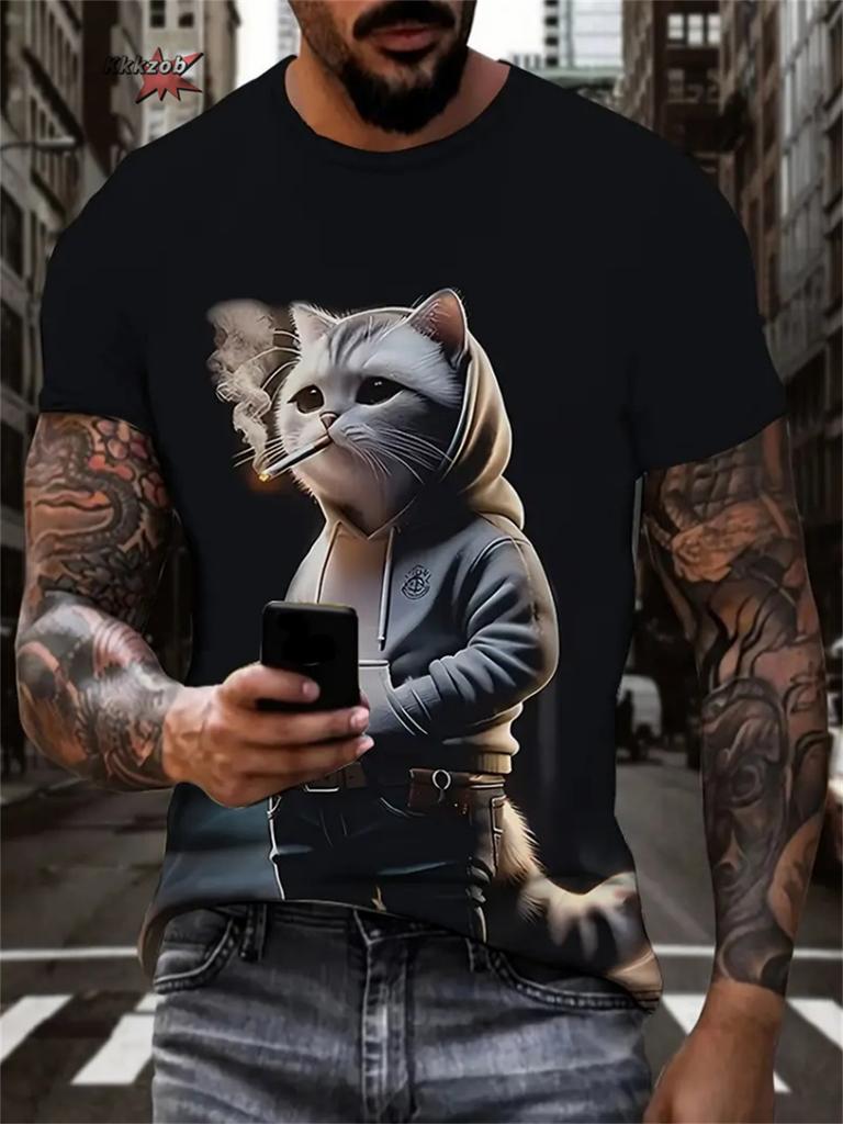 Men's 3D Samurai Cat Graphic Animal Printed T-Shirt Summer Fashion Casual Outdoor Round Neck Short Sleeved T-Shirts for Men