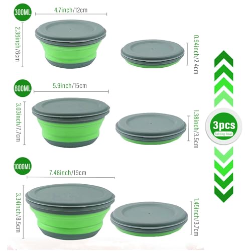Collapsible Silicone Bowls 3-Pack Portable Food Container - Space-Saving Green Salad Bowls with Lids for Camping Travel Picnic and Outdoor Use