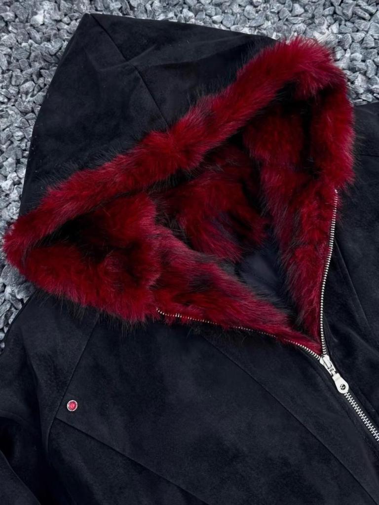 2025 Winter Weinrot Retro Kapuzenmantel mit Pelzkragen Baumwollmantel - Kurzer Reißverschluss Breite Jacke