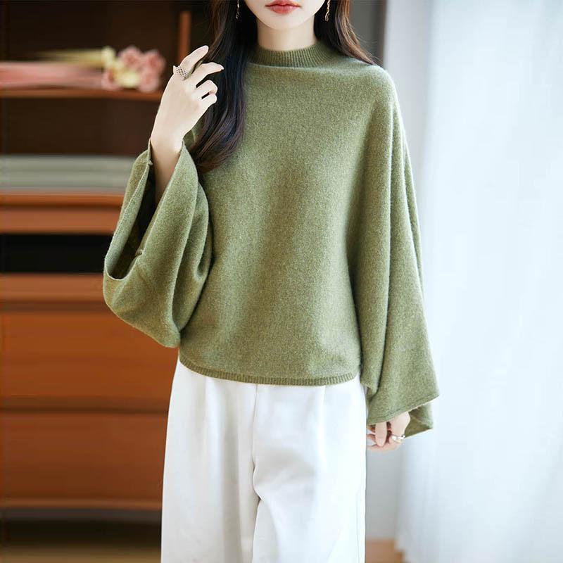 Women's Pure Wool Sweater - Bell Sleeves, Loose Fit, Half-High Neck, Trendy Autumn/Winter Knitwear