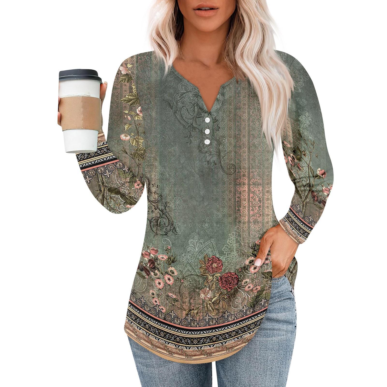 

Женская футболка с принтом на пуговицах, длинный рукав, повседневная, выходного дня, модная, базовая, с V-образным вырезом L