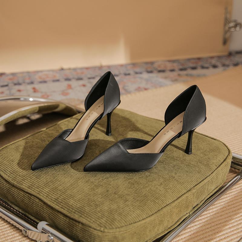 82319 [sheepskin] pointed high heels women's thin heels spring 2025 new French light mouth nude single shoes