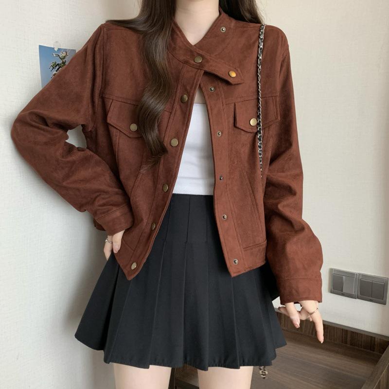 Plus Size 2025 Korean Spring Suede Slimming Long Sleeve Short Jacket for Women