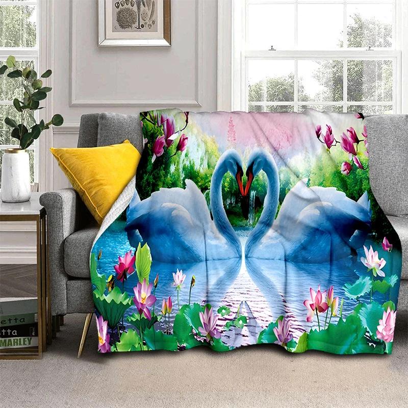 Romantic Swan Themed Blanket Couple Soft Flannel Blanket Holiday Gifts Air Travel Blanket