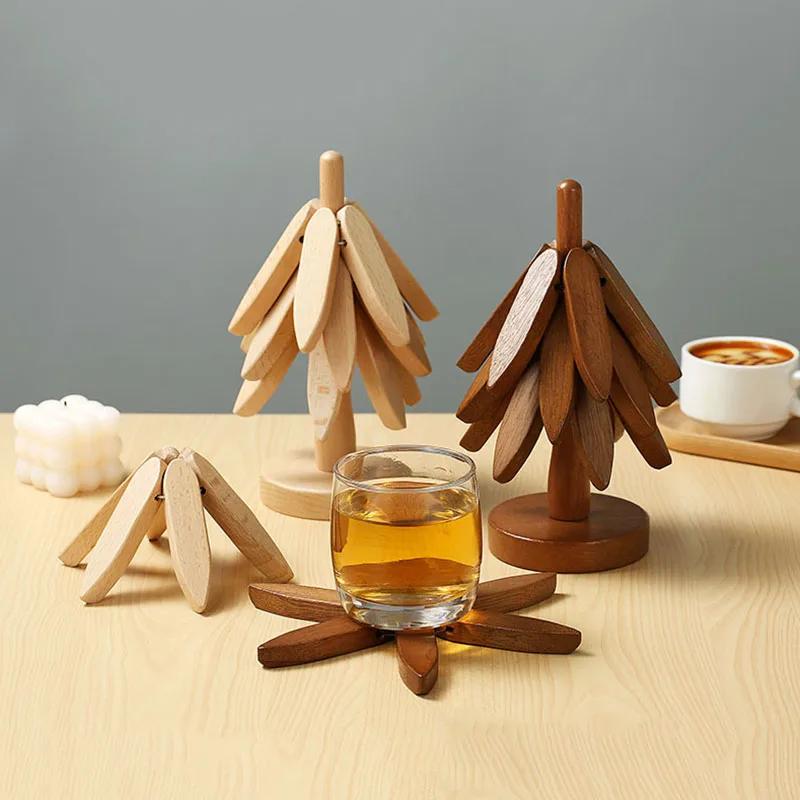 Wooden Trivets for Hot Dishes, Tree Shape Trivet Set, 4 Wood Placemats 1 Stand Stored Like a Christmas Tree,Foldable Kitchen Wooden Trivet