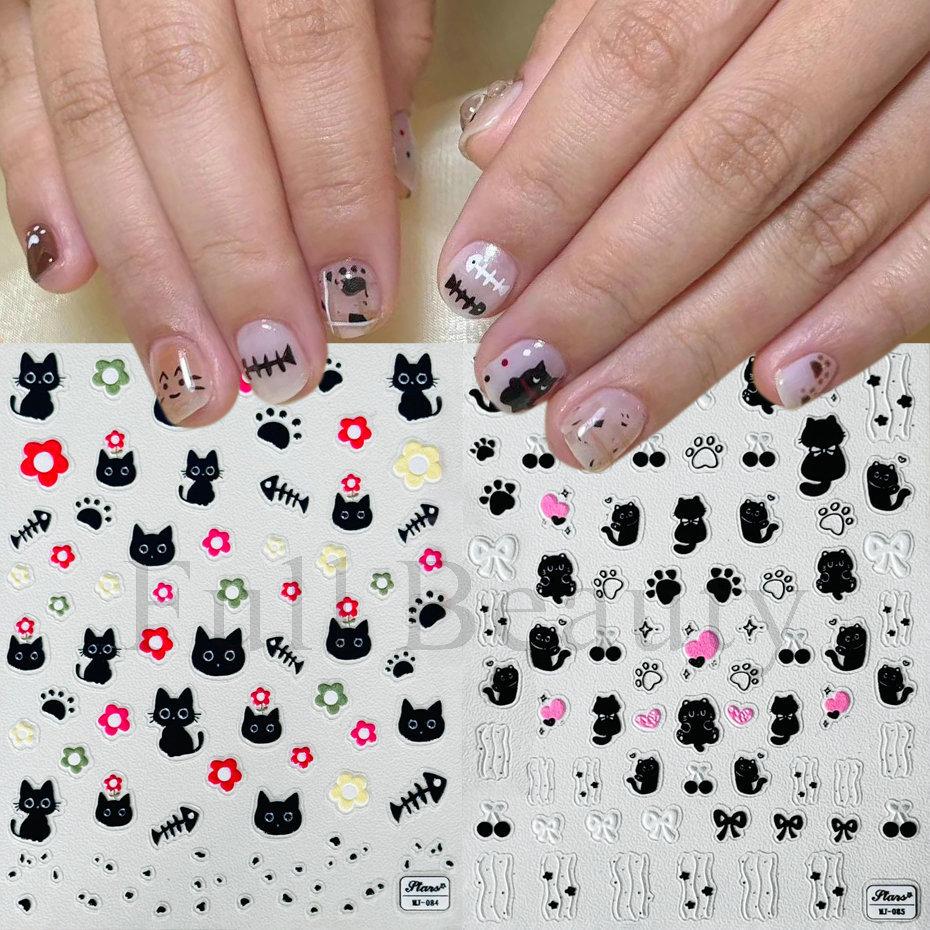 Nail Art Sticker, Micro-Engraved Three-Dimensional Cartoon Cute Cat Bow Flower Adhesive Nail Sticker