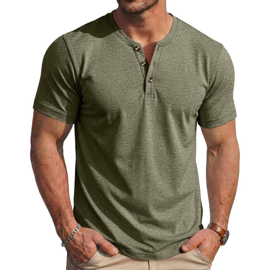 Men's Summer Casual Slim Fit Muscle Texture Henley Short Sleeve T Shirt Lightweight Breathable Vintage Style Tee