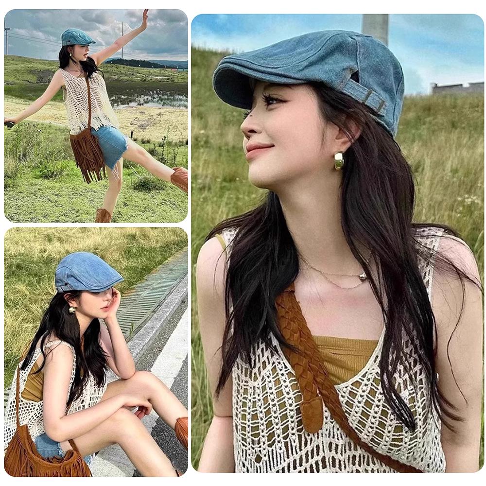 Retro Denim Newsboy Cap Adjustable Forward Flat Hat, Casual Versatile Face Slimming Artist Beret Hat for Men Women