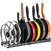 Toplife Extendable Frying Pan Rack, Kitchen Pot Storage Rack with 10 Dividers for Frying Pans, Pots, and Lids (Black)