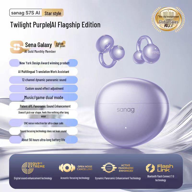 Sanag S7S Bluetooth Ear Clip Earphones with AI Translation and Air Conduction for 2025 Sports - Open, Not In-Ear Design