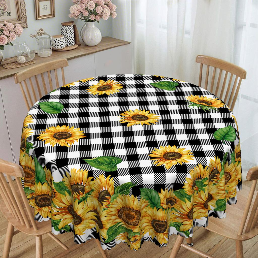 Vintage Sunflower Checkered Rectangular Tablecloth | Rustic Pastoral Round Table Cloth For Picnic Parties.