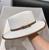 Women's Stylish British Inspired Flat Top Straw Sun Hat with Decorative Brown Belt    Wide Brim UV Protection for Summer Beach