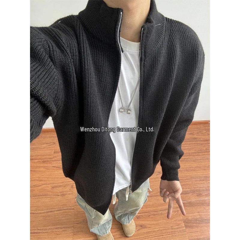 Men's Gray Knit Cardigan: Autumn Relaxed Fit Stand-Up Collar Jacket