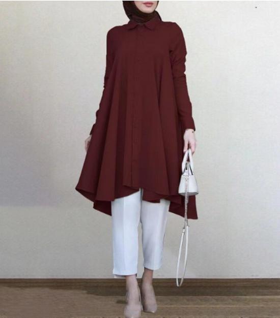 In-Stock Muslim Women's Solid Color Lapel Wrap Shirt: Long Sleeve, Button Placket, Swallowtail Hem