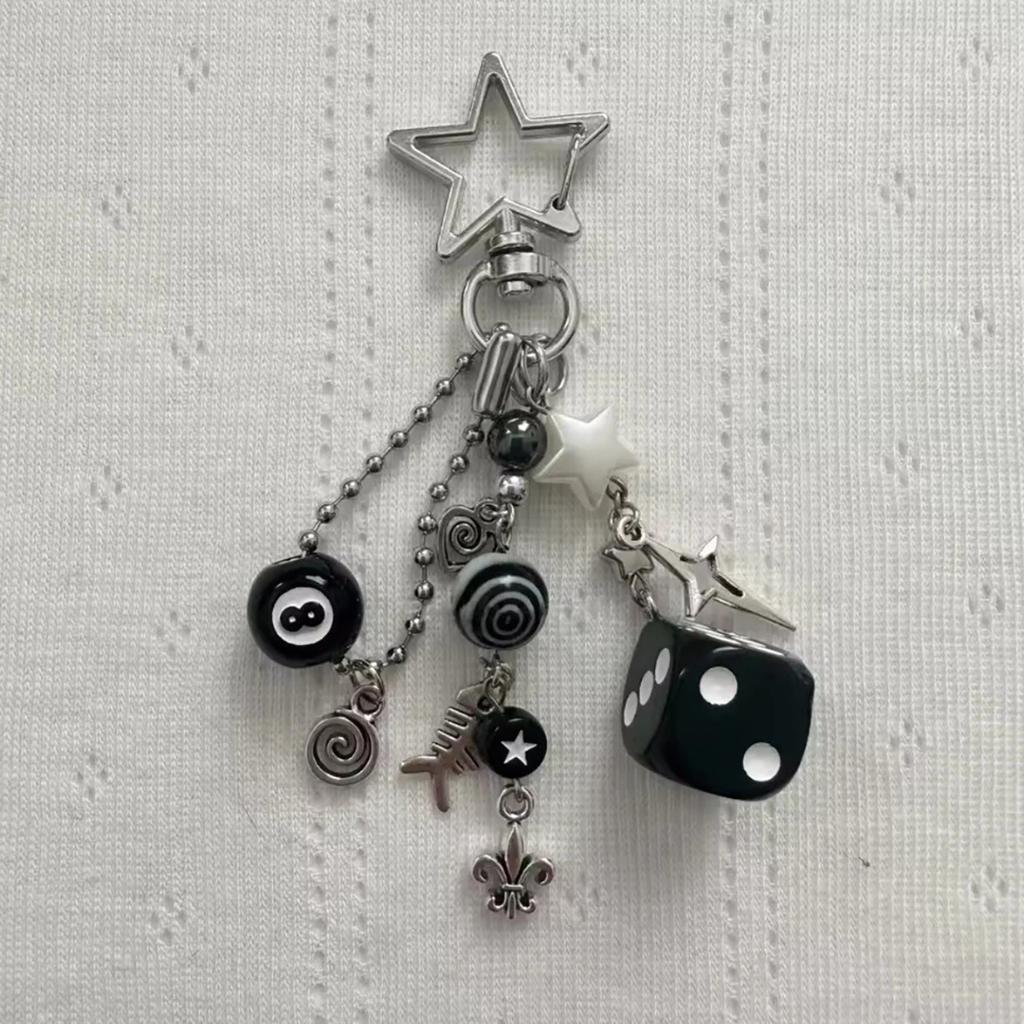 Handmade cluttered rockstar gf edgy black black & white dice keychains grunge, deftones, beaded jewelry, bag pendant, emo, ,