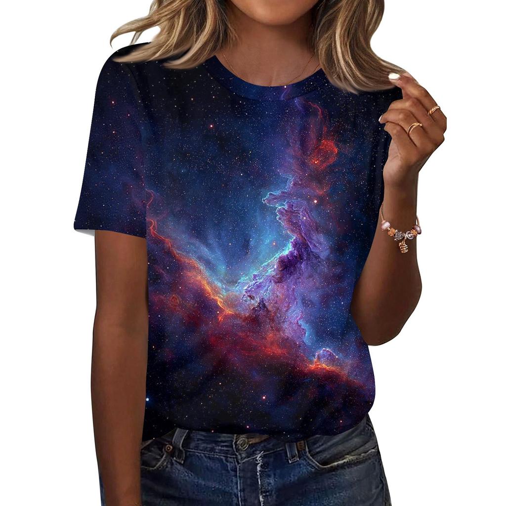 Dámské módní ležérní tričko s krátkým rukávem a potiskem, s kulatým výstřihem