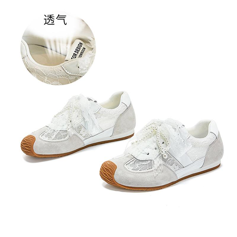 Leather Lace German Training Shoes Women's 2025 Spring New Models with Skirts Mesh Breathable Pearl Versatile Forrest Gump Shoes