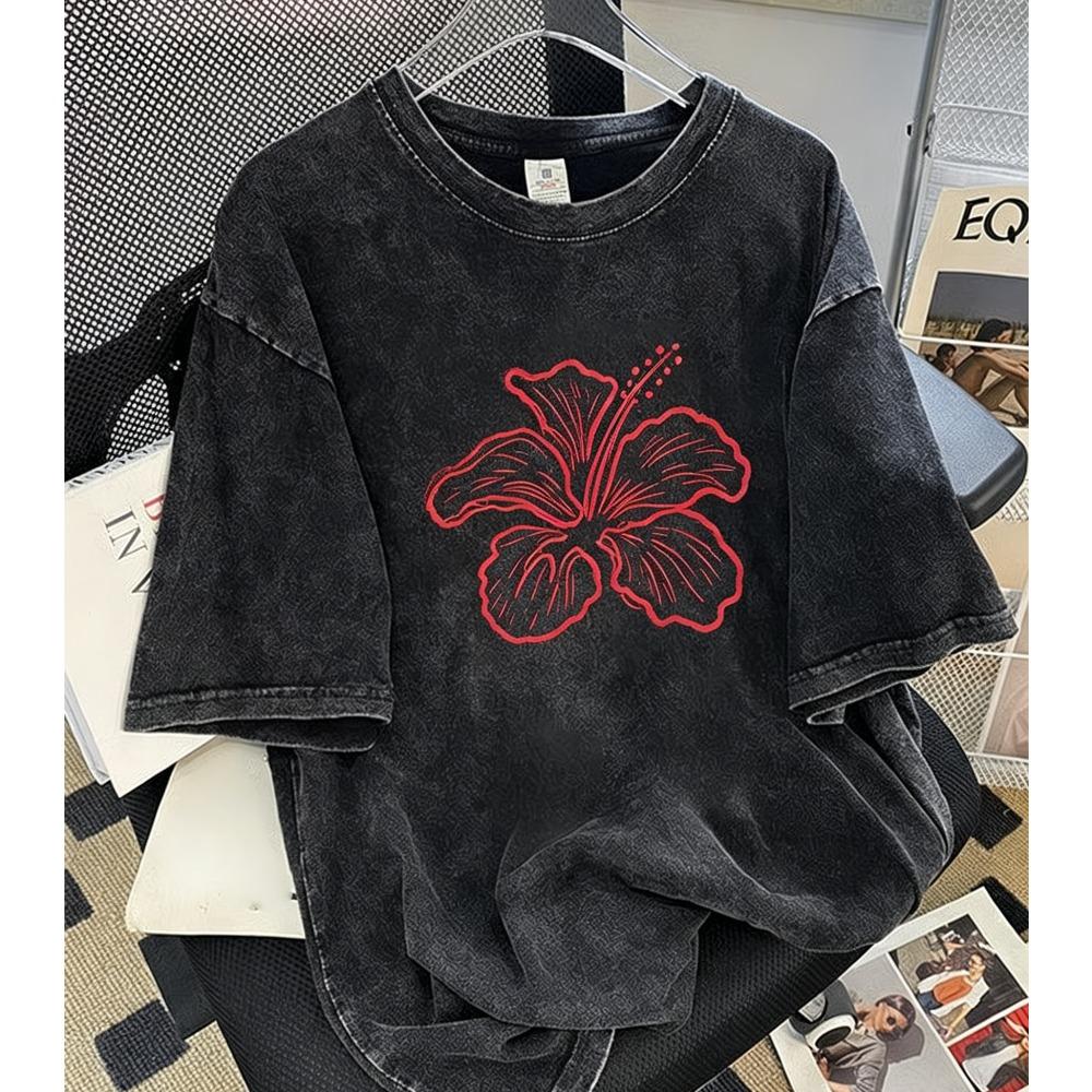 Y2K Hibiscus T-Shirt Washed Cotton Retro Grunge Style Tee Aesthetic Floral Top Edgy Streetwear Graphic Apparel for Women Men Daily Wear Cool Top
