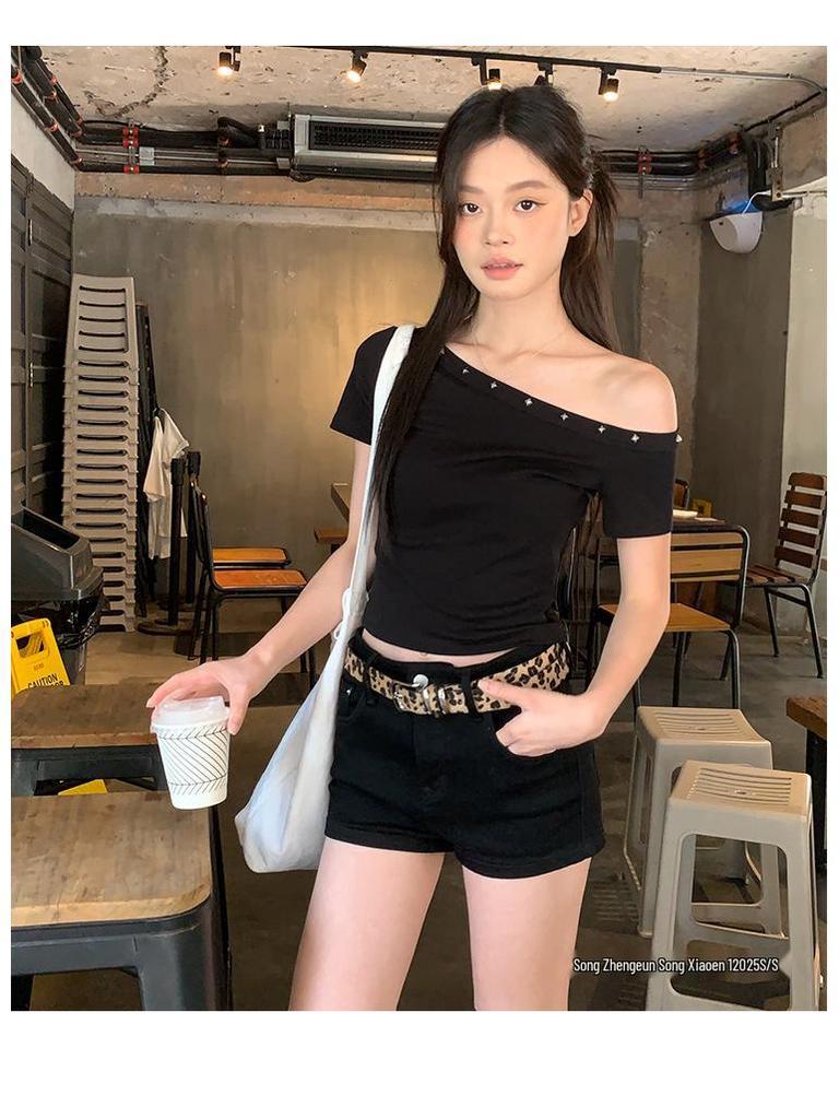 Women's Black Asymmetric Off-Shoulder T-Shirt with Rhinestones, Summer 2025 Collection - Chic and Unique Style
