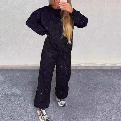 2 Adet/Takım Kadın Üst Pantolon Takım Yuvarlak Yaka Uzun Kollu Taşlı Dekor Sweatshirt Elastik Bel Geniş Paça Pantolon Günlük Giyim Spor Kıyafeti