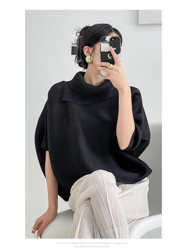 Miyake Damen Plissee Fledermausärmel Oberteil - Lockere Passform, Lange Ärmel, Einfarbig, Ideal für Frühling und Herbst