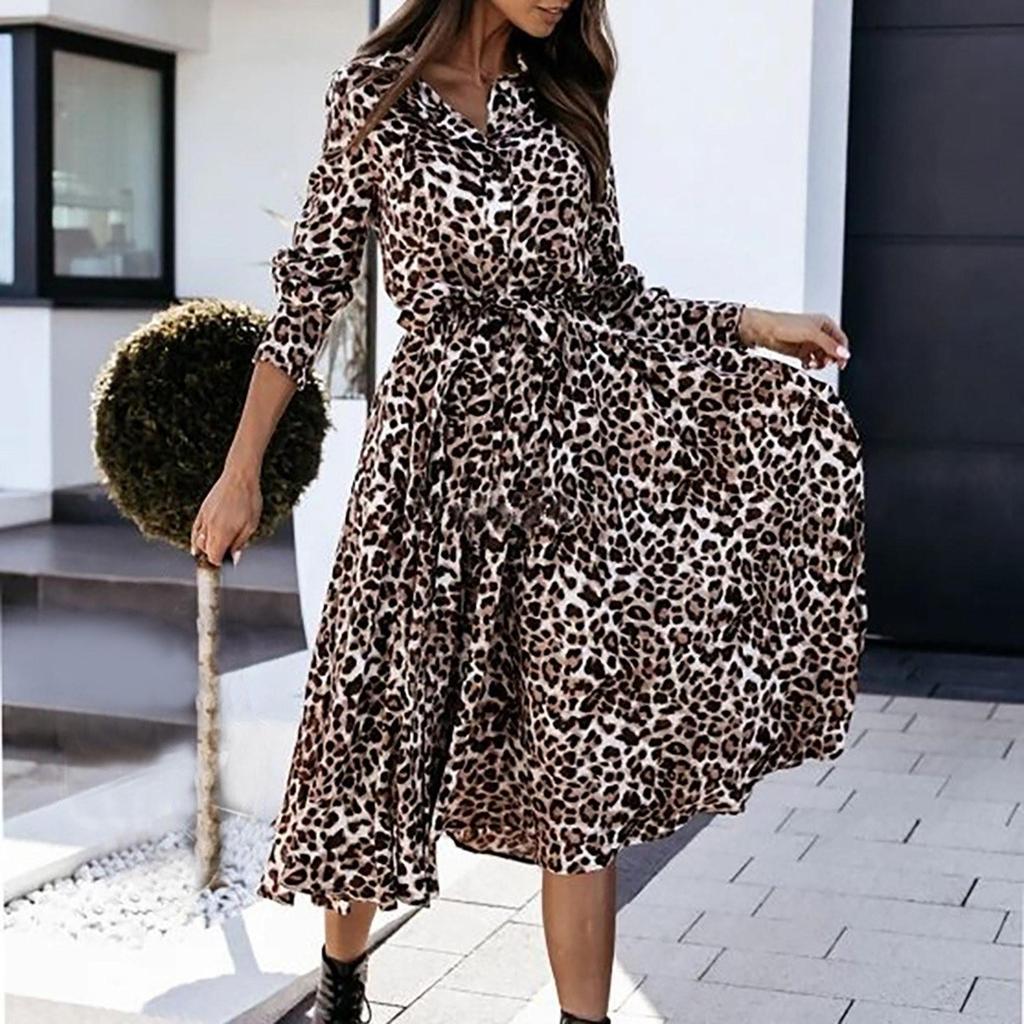 Fashion Sexy Printed Long Dress Stand Collar Single Breasted Leopard Dress