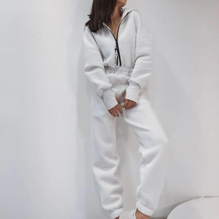 

Hooded Jumpsuit Women Casual Autumn Winter Suit Loose Long Sleeve V Neck Wide Leg Pants Color Solid Outfit XL білий