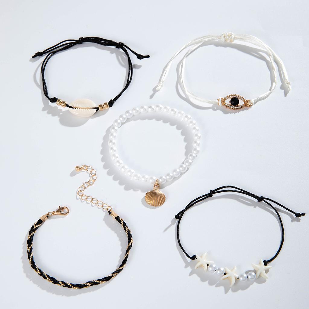 5Pcs Bohemian Shell Starfish Imitation Pearl Bracelet Set for Women Ethnic Style Multilayer Beaded Bangles Beach Party Jewelry