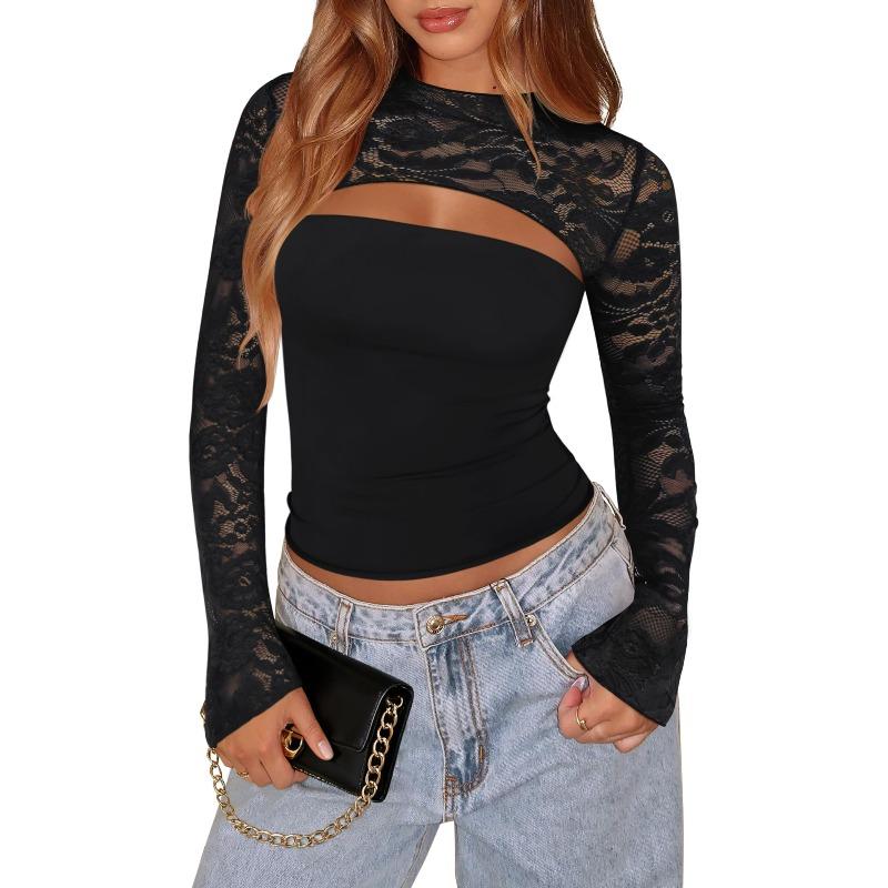 Women's Cutout Crop Top Long Lace Sleeve Slim Fit Party Going Out Top